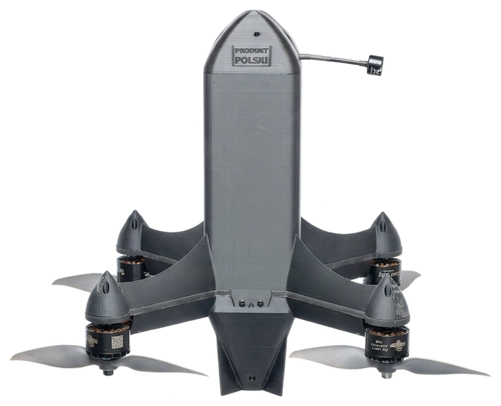 VESP P-01 high-speed quadcopter prototype, front view.